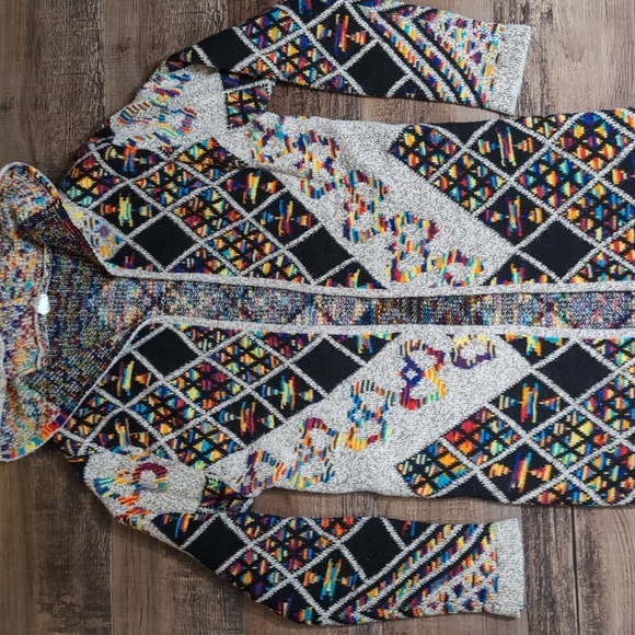 On Blue Aztec Long Hooded Cardigan Sweater Size Small Multicolor Rainbow - Picture 3 of 13